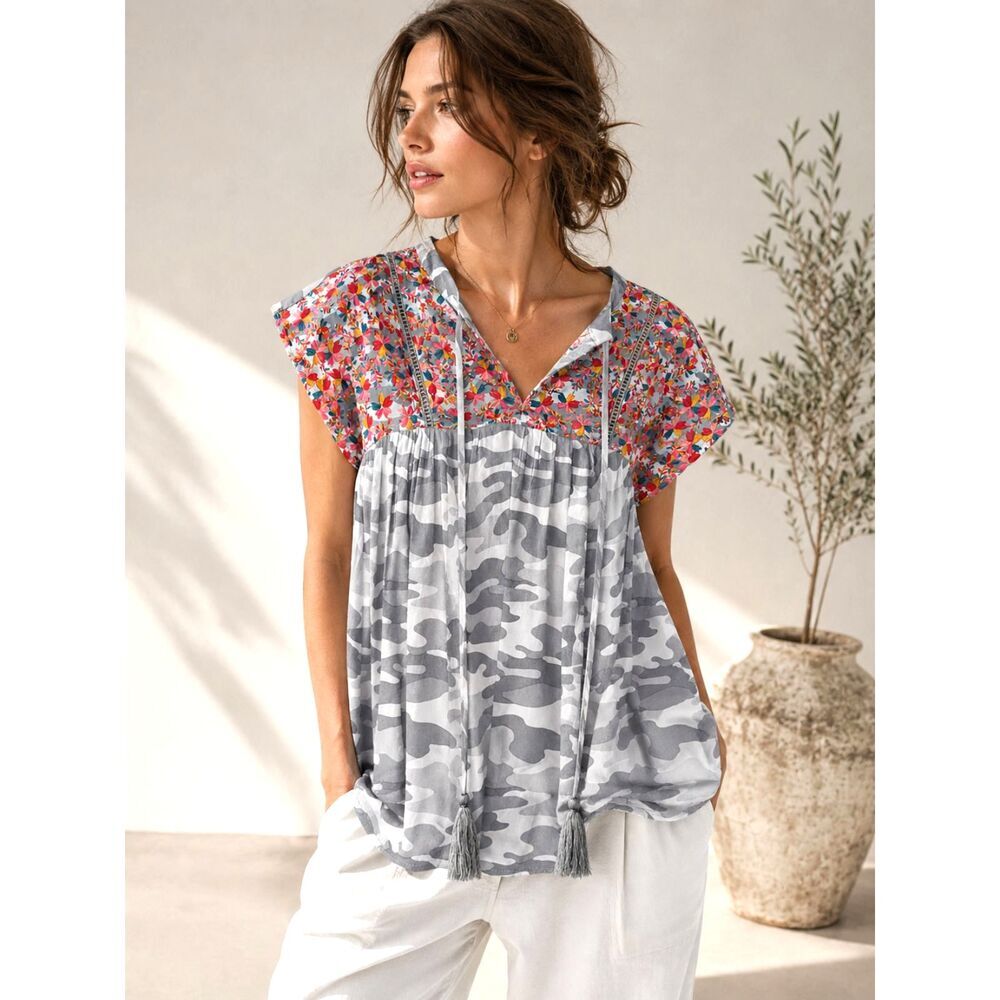 Savanna Jane Floral Embroidered Camo Boho Peasant Blouse Top Small